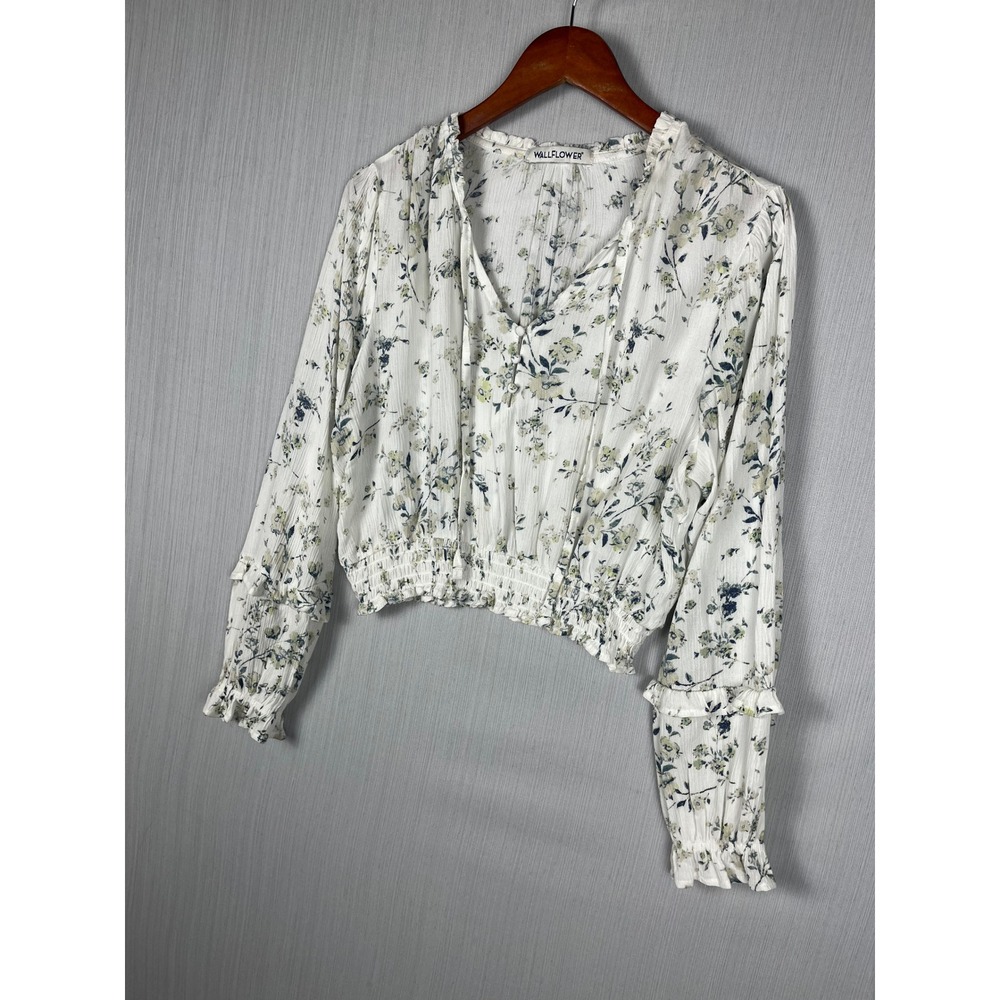 Wallflower Blouse Womens L‎ White Floral Boho Peasant Crop Smocked Ruffle Sleeve